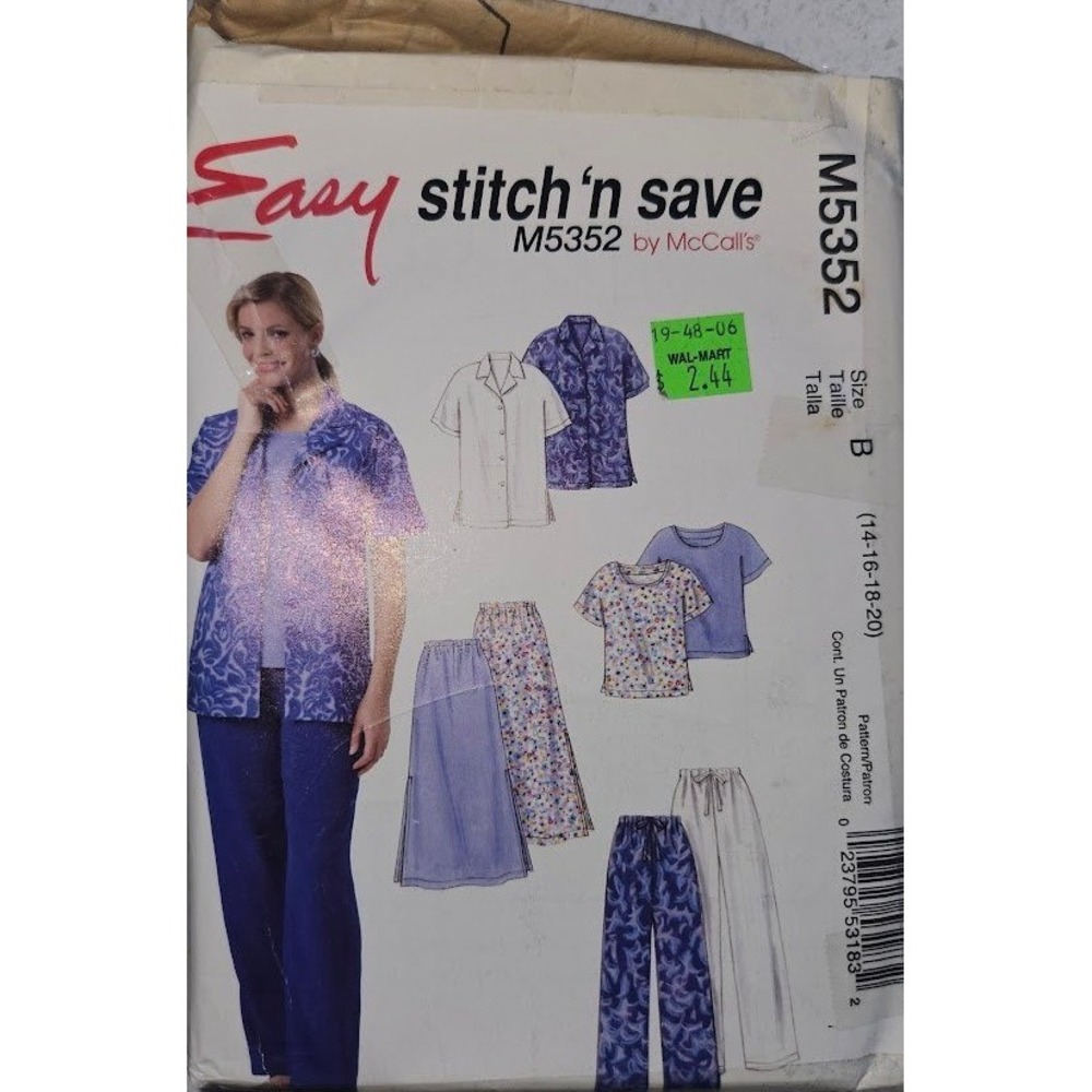 McCall's M5352 Easy Stitch n Save Pattern Shirt Top Skirt Pants Size 14-20 B